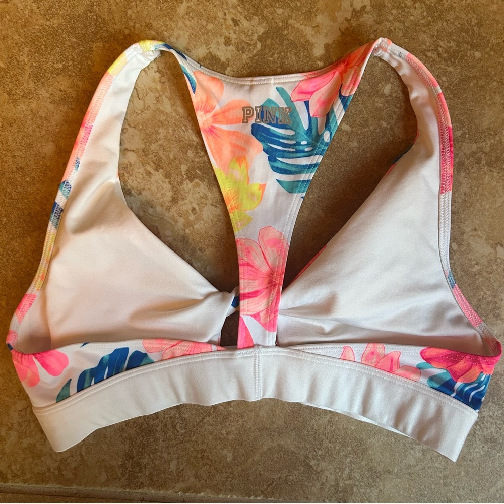 PINK Victoria’s Secret White Tropical Floral Print Twist Sports Bra Gym to Swim - Picture 3 of 4